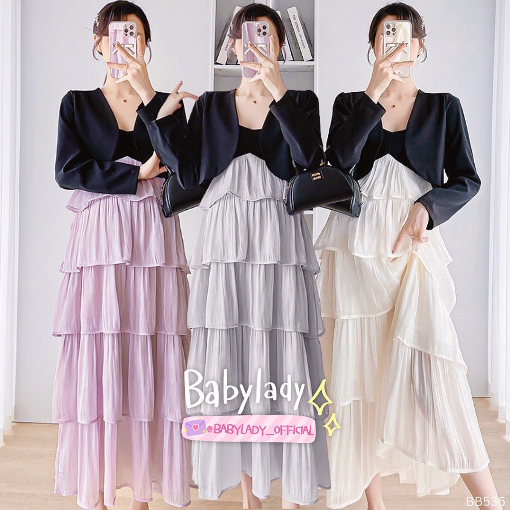 [BB 536] ชุดคลุมท้อง | BABYLADY ♡ -  เดรสสายเดี่ยวผ้ายืด ตัดต่อไหมญี่ปุ่นเงา ใส่ออกงานได้