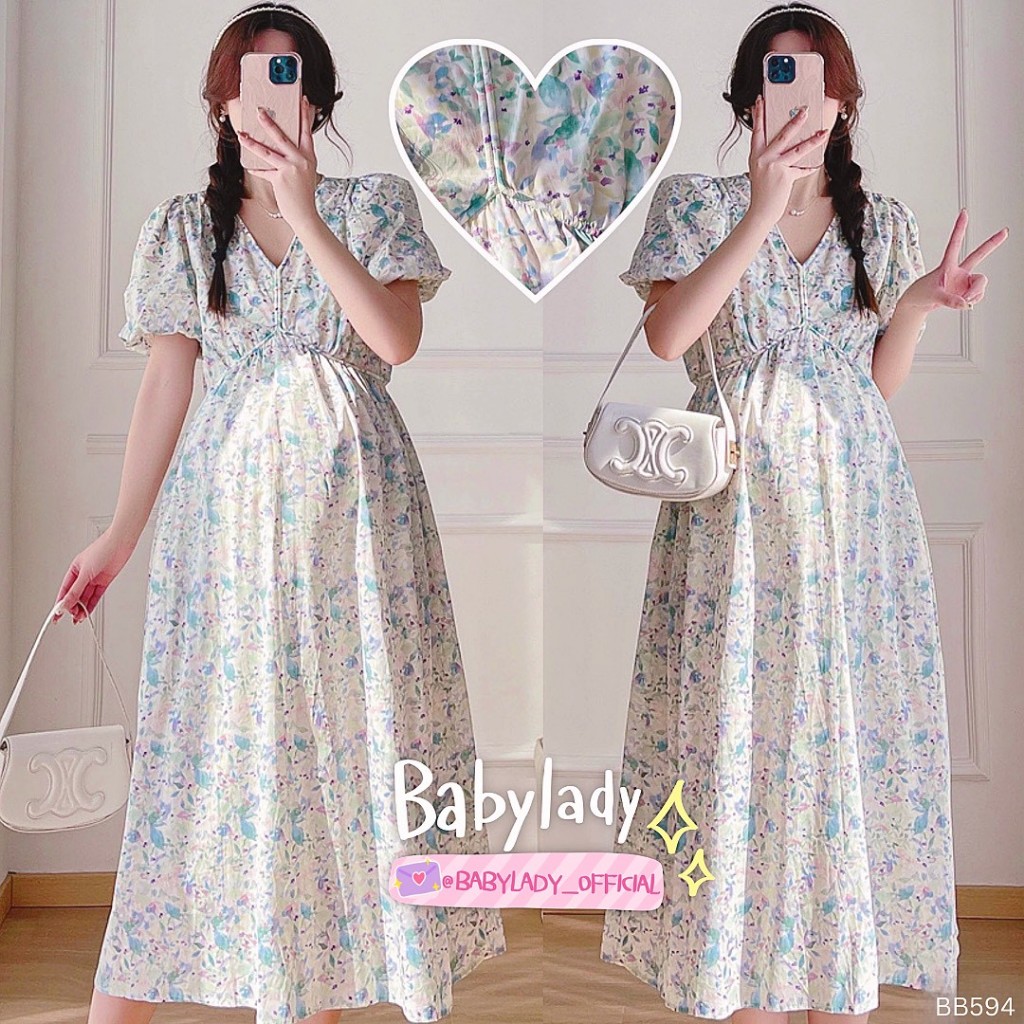 [BB 594] ชุดคลุมท้อง | BABYLADY ♡ - คอตตอนพิมพ์ลาย นุ่มพริ้ว เอวผูกปรับได้ มีซับใน ลุคหวาน