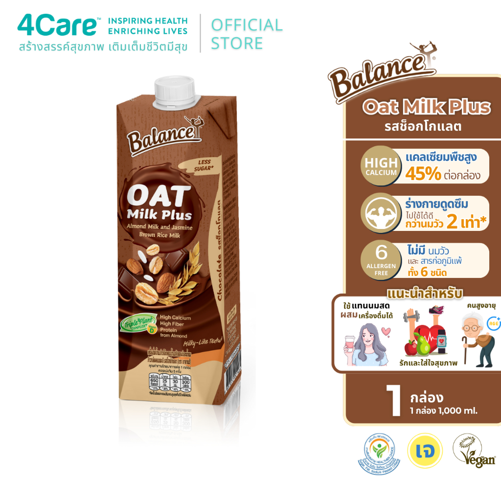 [1 กล่อง] 4Care Balance Oat Milk Plus รสช็อกโกแลต ขนาด 1 ลิตร ผสม 3 ธัญพืชเด่น ข้าวโอ๊ต,อัลมอนด์,ข้าวกล้องหอมมะลิ
