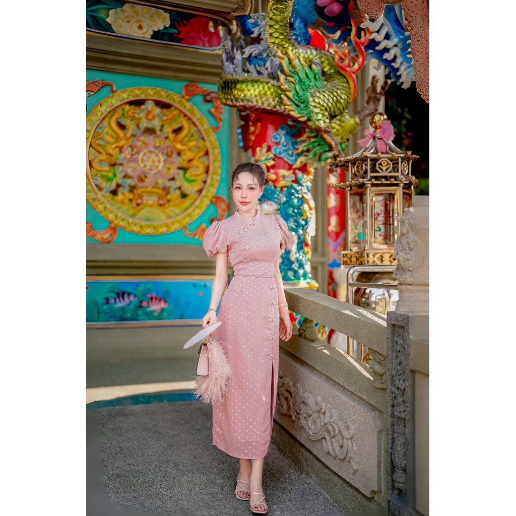 (ปกติ ยาว 48“) เดรสยาว เดรสกี่เพ้า ลายจุด ผ้าชีฟอง รูปที่ 8