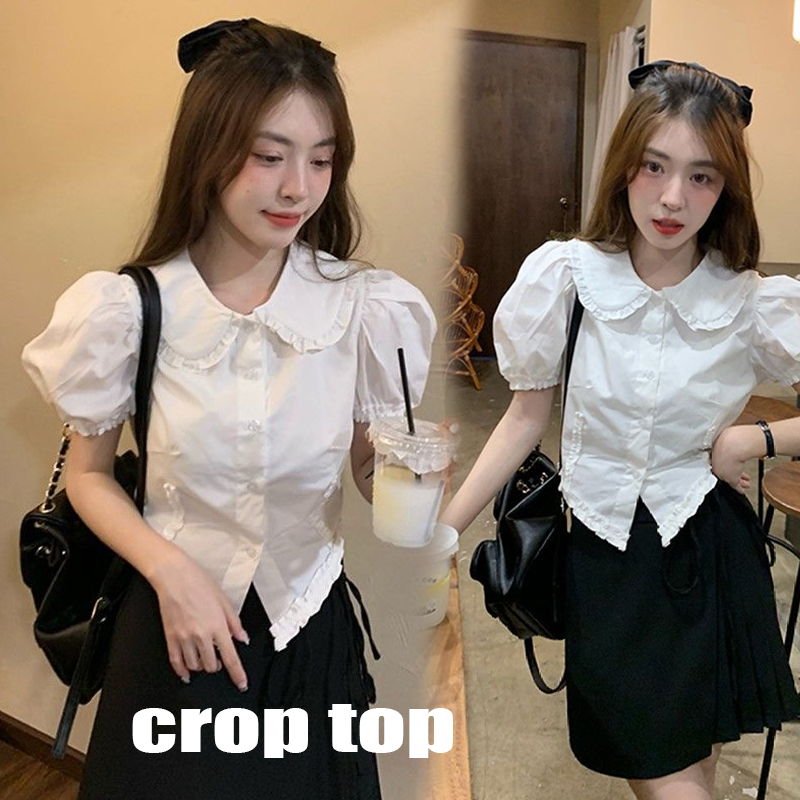 Cuties 💖 W704 เสื้อคอปกตุ๊กตาสําหรับผู้หญิงเกาหลี  แขนสั้น เชิ๊ตคอปก สีทึบ แขนเสื้อพอง สไตล์หวาน