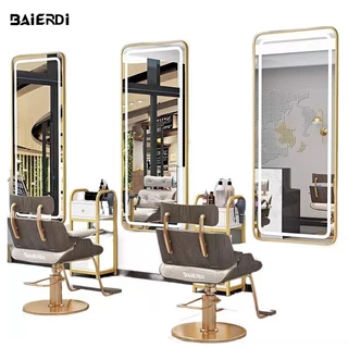 BAIERDI กระจกพิเศษสำหรับร้านเสริมสวยแบบตั้งพื้นพร้อมไฟ LED สำหรับการทำสีและดัดผม ติดผนังได้ เหมาะสำหรับร้านทำผมระดับไฮเอ
