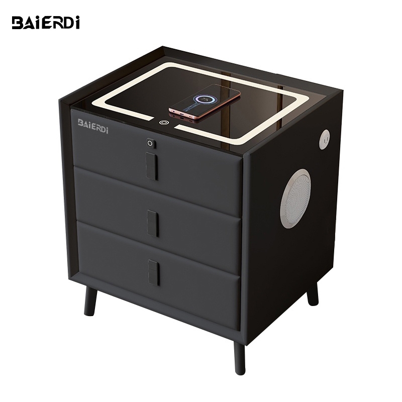 BAIERDI โต๊ะข้างเตียงอัจฉริยะ ตู้เก็บของทันสมัยเรียบง่ายมัลติฟังก์ชั่น ชาร์จไร้สาย ล็อคลายนิ้วมือ