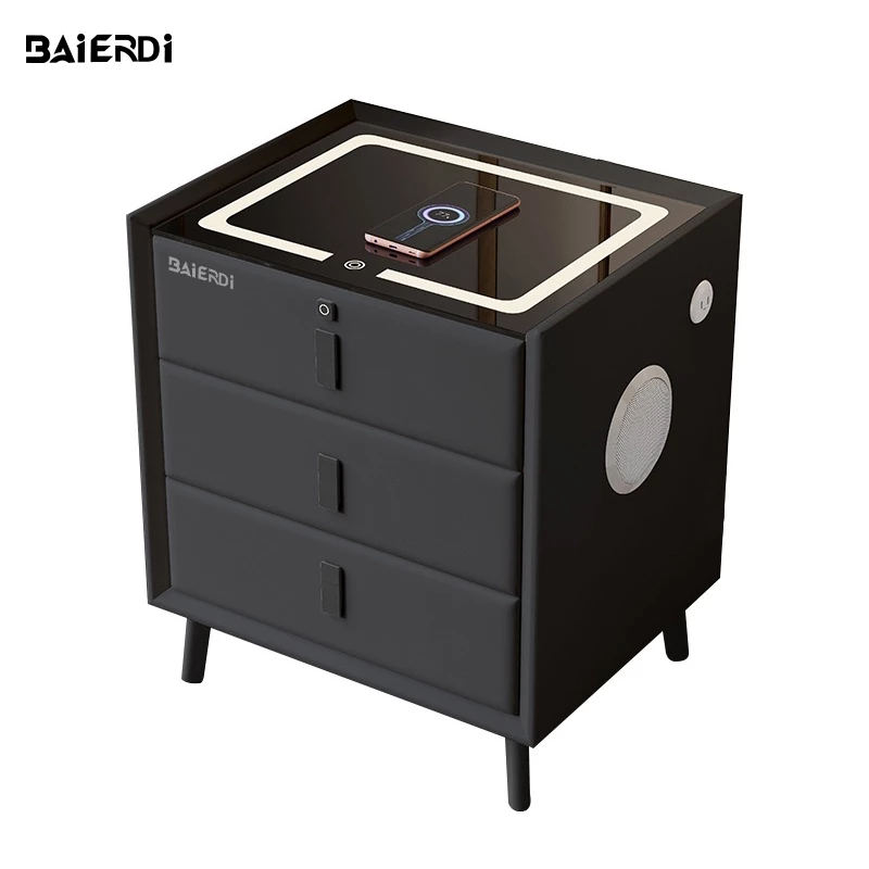 BAIERDI โต๊ะข้างเตียงอัจฉริยะ ชาร์จไร้สาย ล็อคลายนิ้วมือ