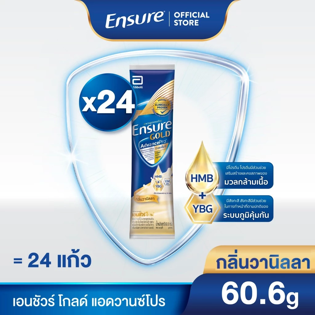 [ส่งฟรี] เอนชัวร์ โกลด์ แอดวานซ์โปร กลิ่นวานิลลา 60.6g 24 ซอง Ensure Gold AdvancePro vanilla sachet 60.6g x24