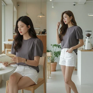 A101 คอกลมสีพื้นแขนกึ่งเจ้าหญิง