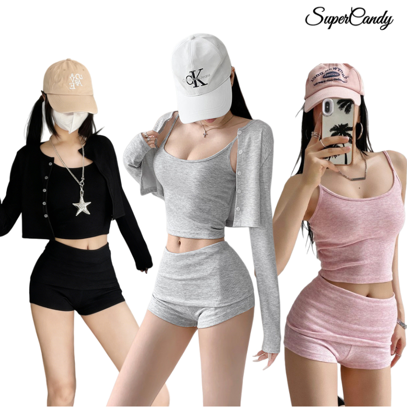 SuperCandy🌷ชุดสุดฮอต~ เสื้อคาร์ดิแกนสั้น เสื้อสายเดี่ยวเข้ารูป และกางเกงขาสั้นพับขา สีเข้าชุดกัน