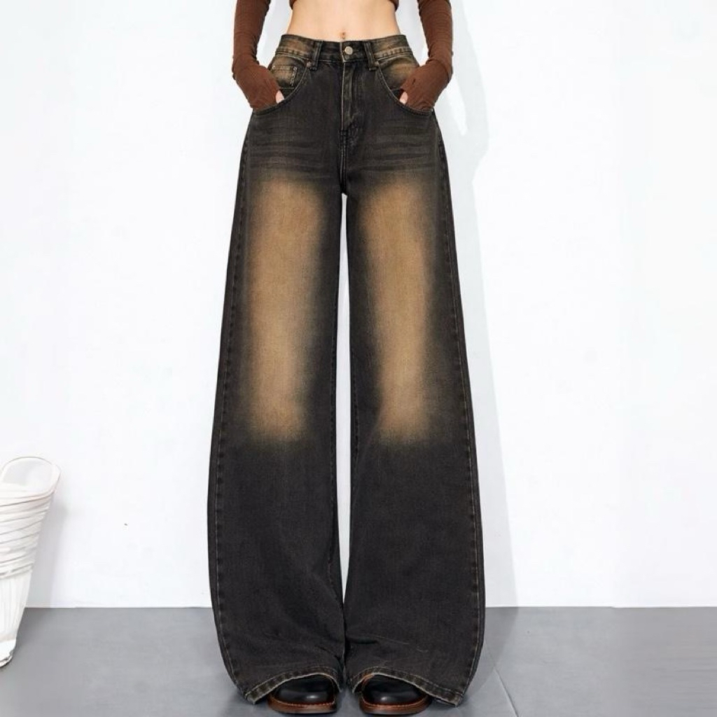 #1980 (XS-6XL) jinjeans กางเกงยีนส์ขากระบอกใหญ่ baggy jeans สีดำเฟดแดง