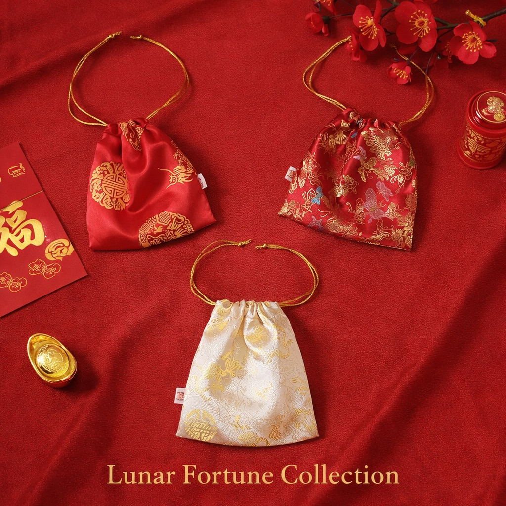 กระเป๋าหูรูดผ้าซาตินลายมงคล •BK-TIN HANDMADE•  ถุงผ้าใส่ของขวัญ ตรุษจีน Lucky Drawstring Bag - รูปที่ 2