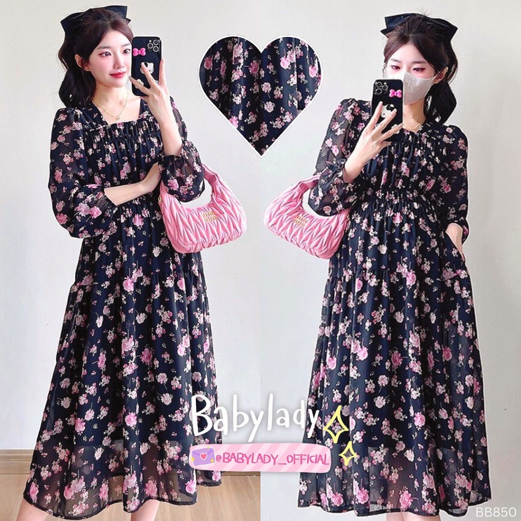 [BB 850] ชุดคลุมท้อง | BABYLADY ♡ - เดรสชีฟองลายดอกไม้ สม็อคอก จั๊มแขน มีซับใน