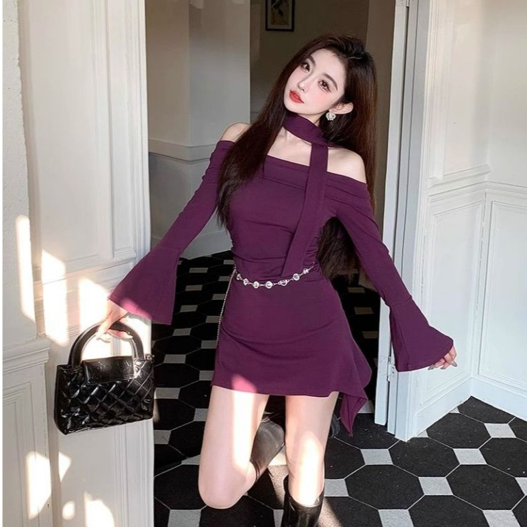fashiongirl1688 ชุดเดรส สั้น ทรงปาดไหล่ แขนยาว สีม่วง ผ้าเงาสวย ทรงเข้ารูป เสริมบุคลิกให้ดูแพง ราคาถูก Shopee Lazada