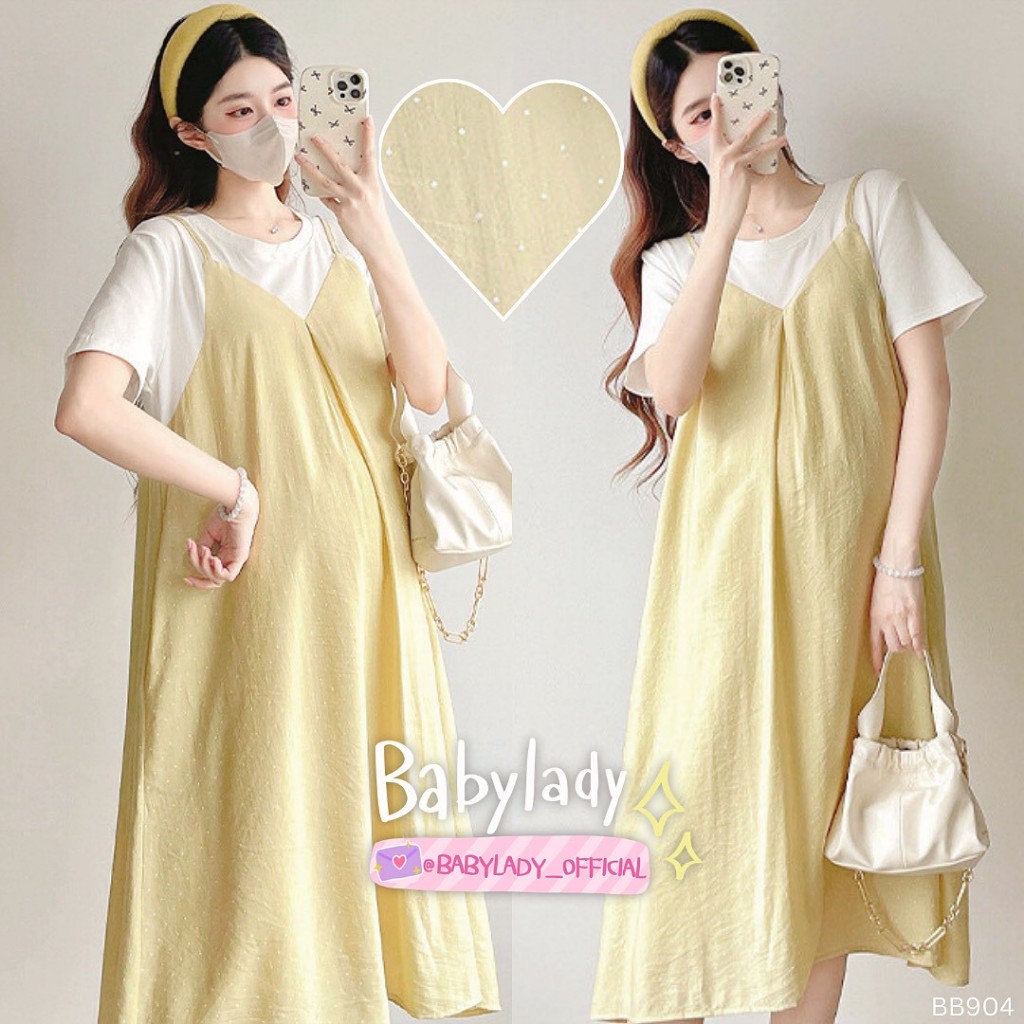 [BB 904] ชุดคลุมท้อง | BABYLADY ♡ - คอตตอนญี่ปุ่นลายจุด เอี๊ยมหลอก มีกระเป๋า มีซับใน