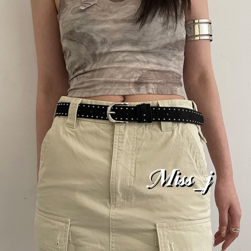 Miss_J พร้อมส่งจากกทม เข็มขัดหนังสีพื้นสไตล์เรโทรอเมริกัน ประดับหมุด ดีไซน์หรูหรา เฉพาะกลุ่ม และใช้งานได้หลากหลายสำหรับผ