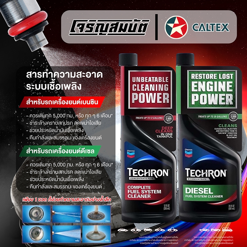 Caltex Techron เทครอน® น้ำยาสารทำความสะอาดระบบเชื้อเพลิง สำหรับเครื่องยนต์เบนซิน และ เครื่องยนต์ดีเซล