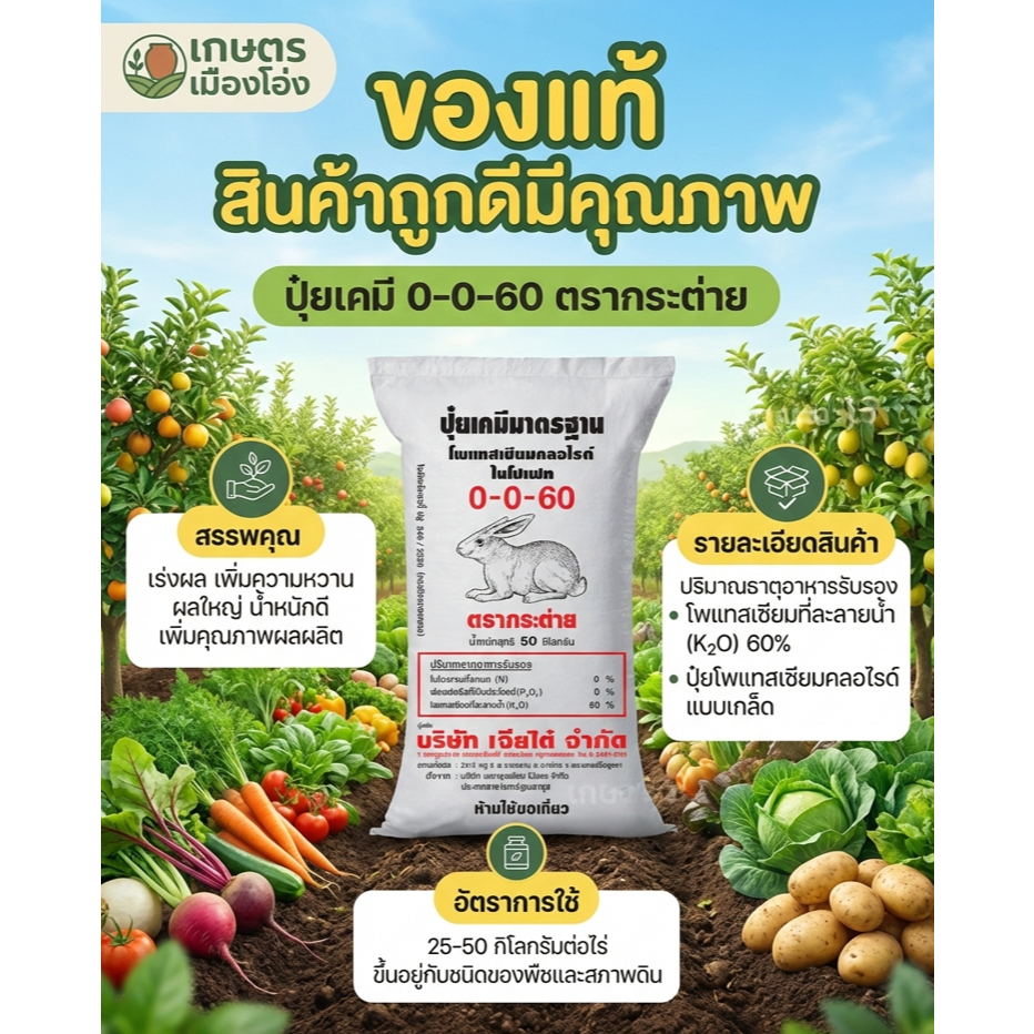 0-0-60 กระต่าย ยกกระสอบ50กก ใช้เพื่อบำรุงผลผลิตในช่วงระยะสุดท้าย เร่งการสร้างเนื้อ สร้างแป้ง เพิ่มน้
