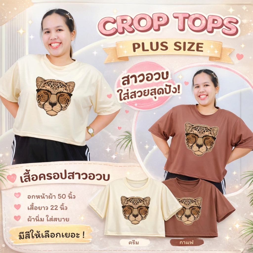 เสื้อครอป ไซส์ใหญ่ 6XL คอกลม แขนสั้น สกรีนลายเสือดาว ผ้าคอตตอนผสม ทรงโอเวอร์ไซส์ tb834-tt-190#