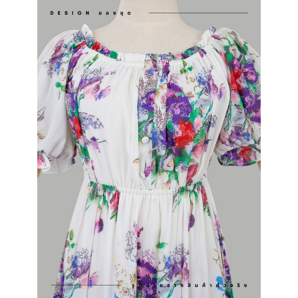 ชุดเดรสลำลอง,ชุดเดรสลายดอกไม้ สีขาว ซับในทั้งตัว แขนสั้น คอกว้าง ผ้าโพลีเอสเตอร์ ความยาวชุด 47 - รูปที่ 3