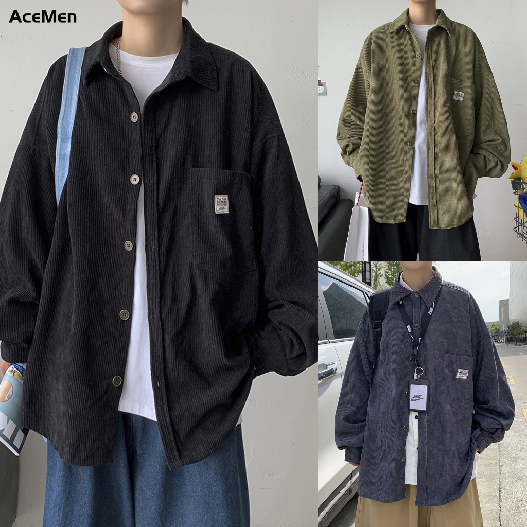 AceMenเสื้อเชิ้ตผู้ชาย เสื้อเชิ้ตแขนยาว ผ้าลูกฟูก ผ้านิ่มนุ่ม ทรงหลวม ใส่สบาย แบบเรียบง่าย คุณภาพดี คู่รักรุ่นเดียวกัน