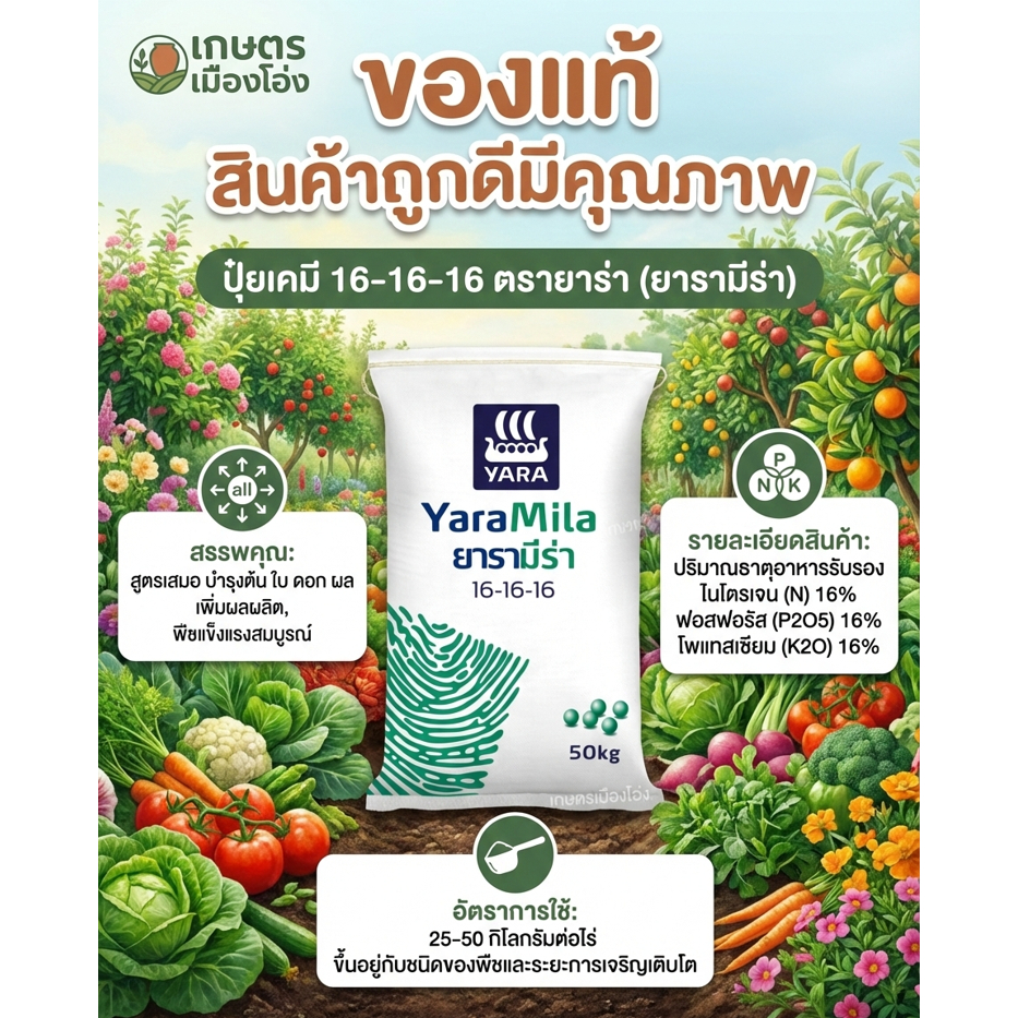 16-16-16 ยาร่า ยกกระสอบ50กก กระตุ้นการเจริญเติบโตของลำต้น ช่วยทำให้พืชมีความต้านทานโรคและแมลง พัฒนาใบ ผล และเมล็ด