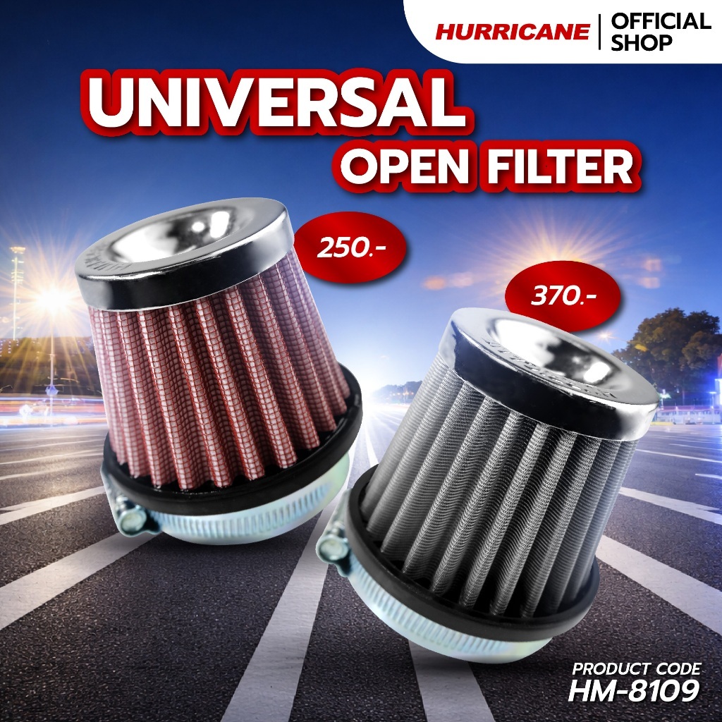 HURRICANE กรองอากาศมอเตอร์ไซต์ผ้าแดง & สแตนเลส Universal ( Open filter ) HM-8109