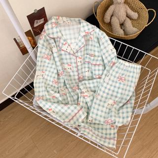 แถบสี ลูกแมวน่ารัก สไตล์สาววัยรุ่น ชุดนอน Two-Piece แขนยาว ก…