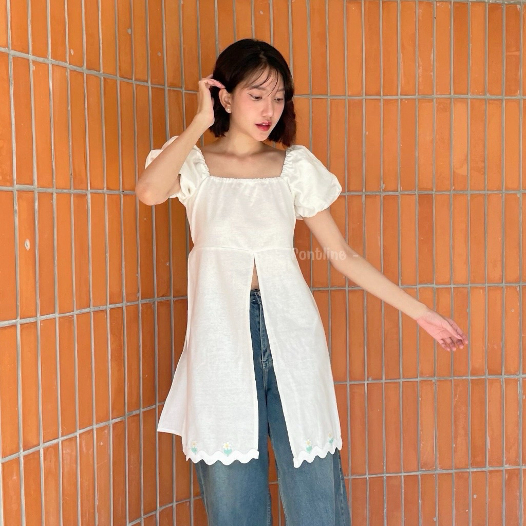 ส่งต่อ ไซต์ L อก40-46 FONTLINE ชุดมินิเดรสน่ารัก แหวก3ทาง แขนพอง ผูกหลังพรางหุ่น ผ้าฝ้ายเกรดฟอกนุ่ม 