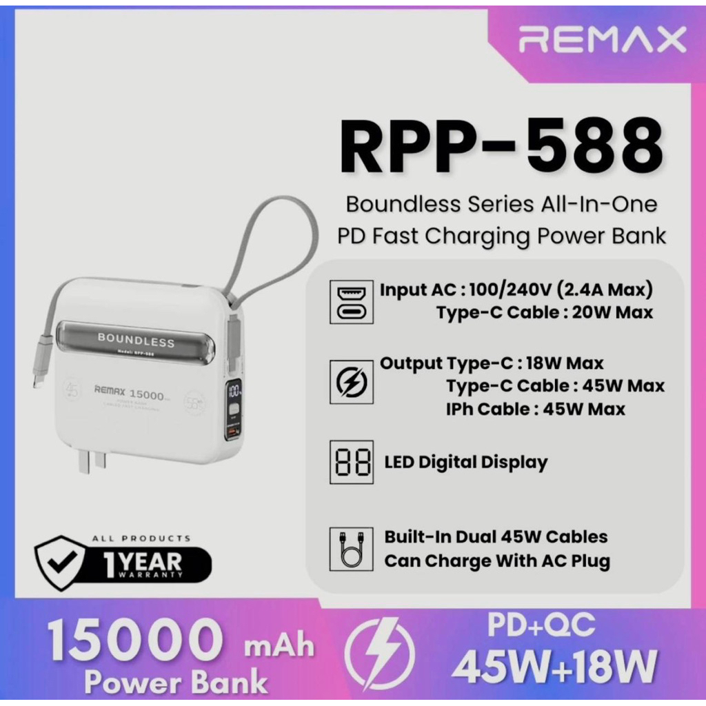 🔋 REMAX RPP-588 Boundless Series REMAX พาวเวอร์แบงก์ + หัวชาร์จในตัว (All-in-One) ⚡ ลังชาร์จสูงสุด 4