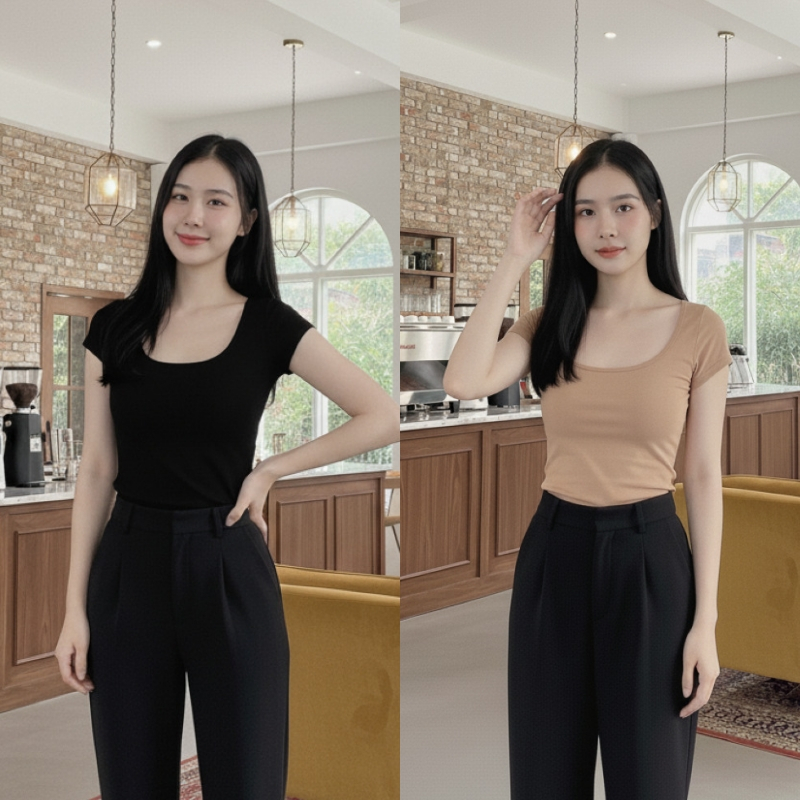 🌈SpinnyHouse🌈เสื้อครอปแขนเต่อ ผ้ายูนิยืดเยอะ คอเหลี่ยม 🌸 พร้อมส่งทุกสี รุ่น น้ำพริก B-005-4-A