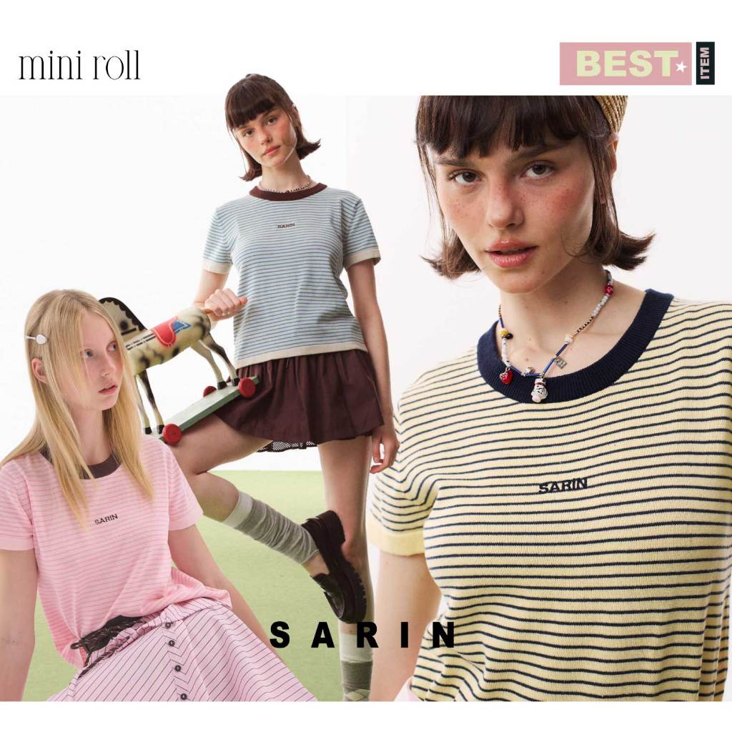 sarin mini ROLL knit เสื้อยืด ลายทาง ตัวสั้น คอกลม unisex