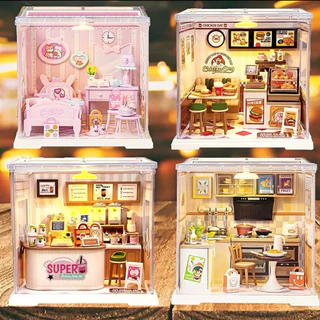 พร้อมส่งในไทย 🇹🇭 ตัวต่อ DIY ฉากจำลองร้านค้าแบบสามมิติ - Bed room / Bubble tea shop o/ Kitchen / Hamberger shop
