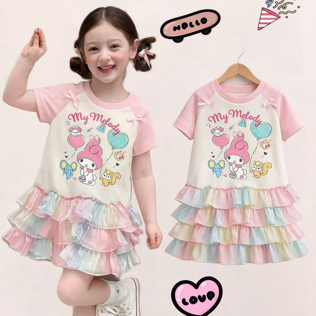 AY164 ขายดีมาก! เดรสพาสเทล My Melody น่ารักเวอร์ งานฟรุ้งฟริ้ง ผ้านุ่ม ใส่สบาย   หวานละมุน ระบายหลายชั้น