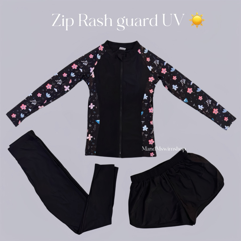 Zip Rash guard UV ชุดว่ายน้ำผู้หญิงซิปหน้าแขนยาวใส่คู่กับกางเกงว่ายน้ำขาสั้รทรงสปอร์ตหรือกางเกงว่ายน้ำขายาว M-5XL