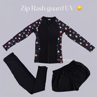 Zip Rash guard UV ชุดว่ายน้ำผู้หญิงซิปหน้าแขนยาวใส่คู่กับกางเกงว่ายน้ำขาสั้รทรงสปอร์ตหรือกางเกงว่ายน้ำขายาว M-5XL