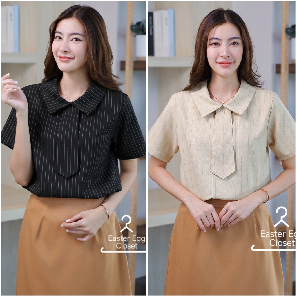 A26 เสื้อทำงานผู้หญิง เสื้อคอปก แต่งไทด์เย็บติดกับตัวชุด มินิมอล Easter Egg