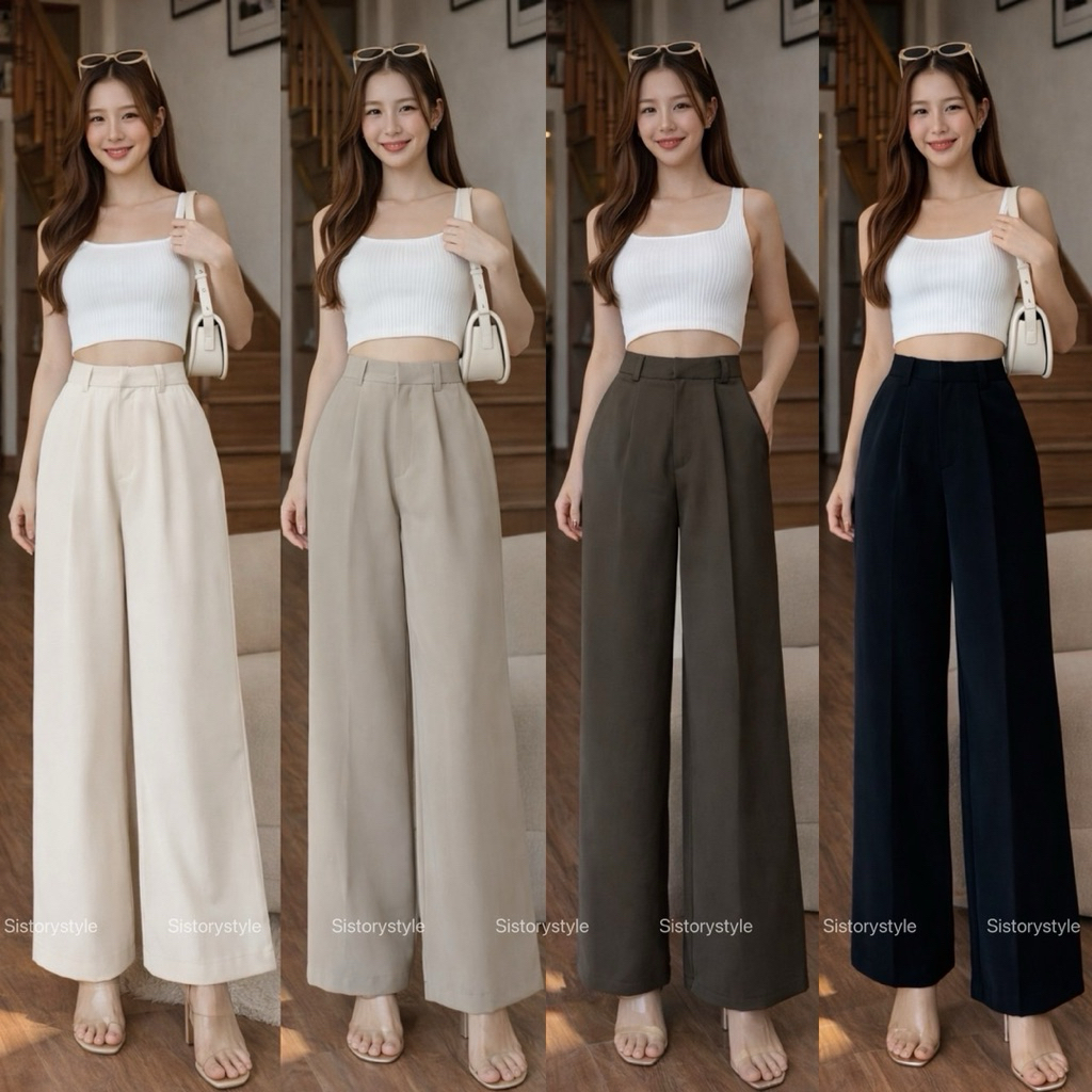 ป้ายsistory กางเกงขากระบอกเอวสูงผ้าลิลลี่