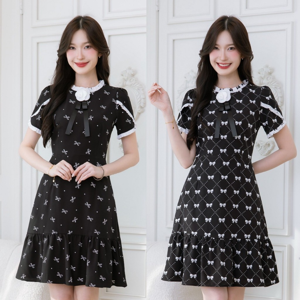 เดรสลายโบว์น่ารัก แพทเทิร์นสวยเก๋ มีดีเทลแต่งเข็มกลัดคามิเลียร์ สามารถถอดได้ ช่วงแขนเย็บทรงไว้แต่งระบายตัดสีขาว