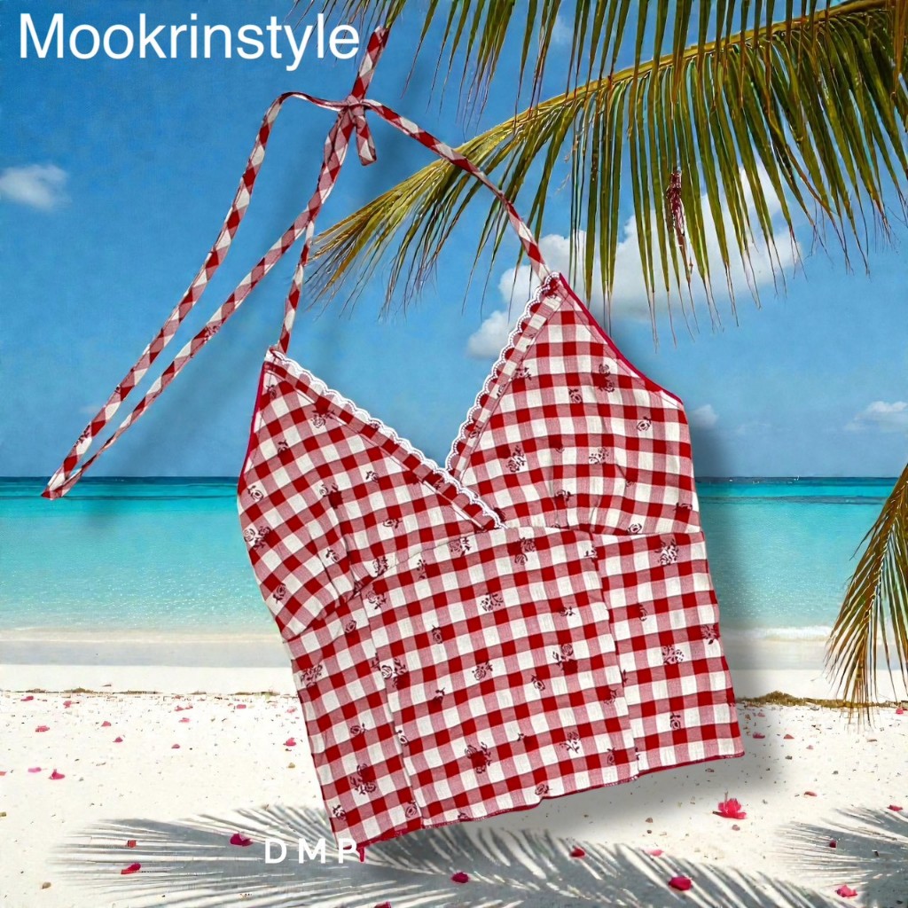 mookrinstyleพร้อมส่งค่ะ เสื้อผูกคอ ลายสก็อตสีแดง งานน่ารักมาก สม้อคด้านหลัง เซ็กซี่สุดๆ
