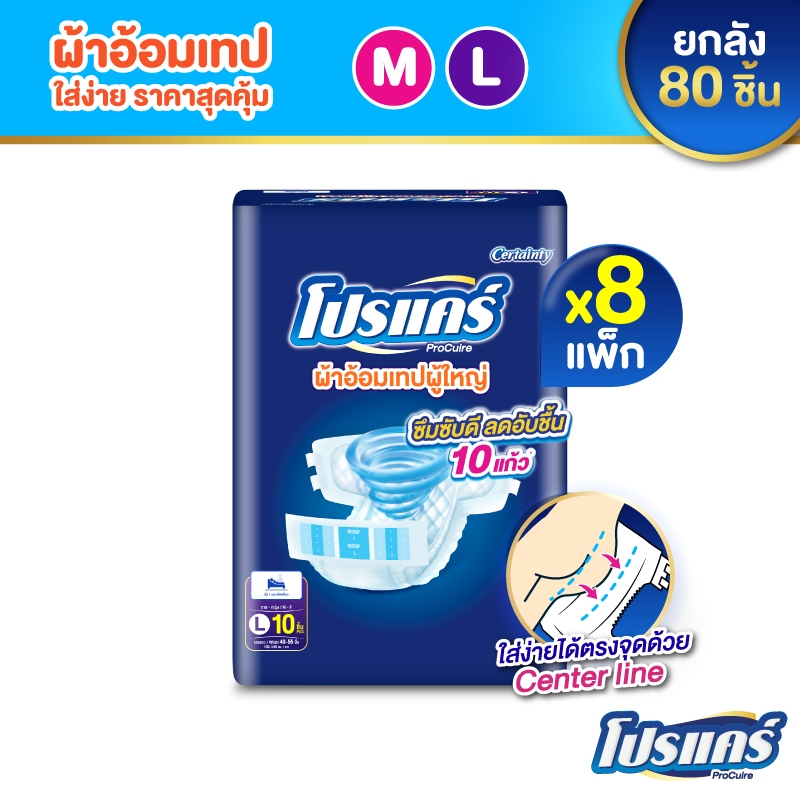 ใหม่!! [ขายยกลัง] โปรแคร์ Procuire ผ้าอ้อมผู้ใหญ่แบบเทป ไซส์ M , L  (80 ชิ้น) Procare