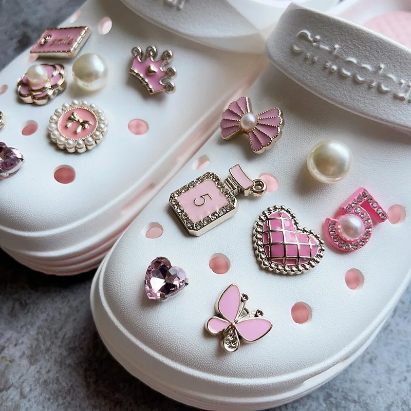 14Pcs New Girl Pink Style Shoe Charms Set Advanced Pearl DIY Shoe Charm Buckle Shoes accessories รอง