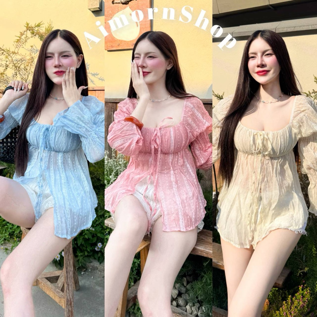 🔥aimorn_shop🔥 เสื้อแขนตุ๊กตา แขนยาวผ่าหน้า ผ้าโรซี่ ผ้าบาง งานสวยมากๆ