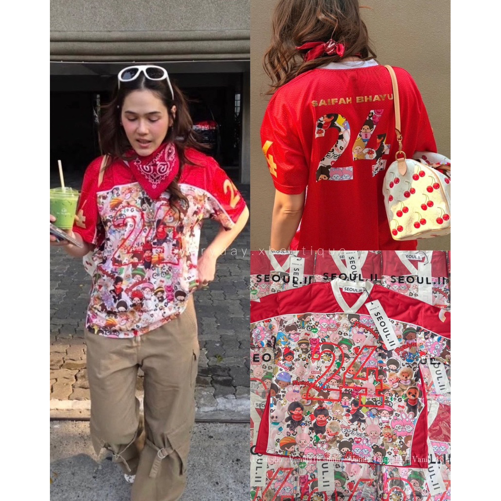 Monchichi oversize❤️ เสื้อบอลสุดเก๋สไตล์แม่ชมพู่งานผ้าบอลตัดแต่งพิมพ์ลายและสกรีน chom pink polo เสื้อแขนยาวผ้ากำมะหยี่ ราคา ถูกที่สุด ดีลบีเคเค แกลเลอรีภาพที่ 2