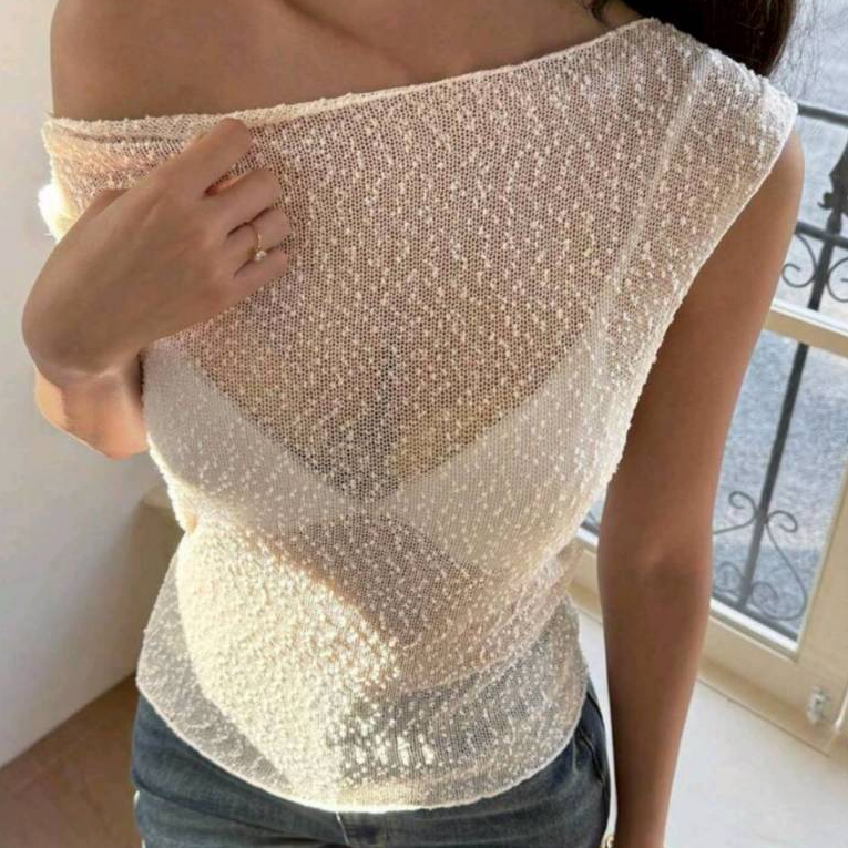 Crop TC2615 เสื้อเบลาส ถักลูกไม้ลายฉลุ  แขนสั้น คอปาด