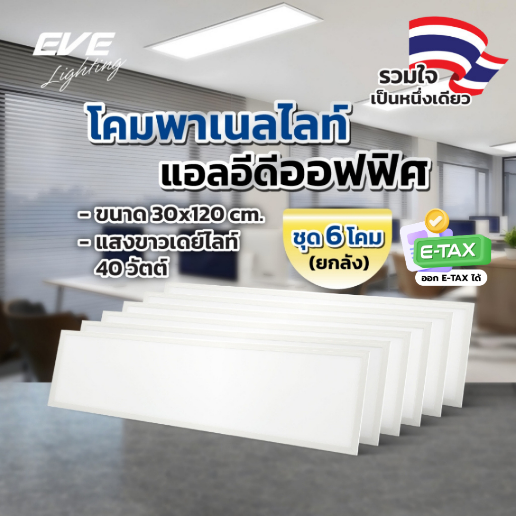 EVE ( ยกลัง ชุด 6 โคม ) โคมไฟ ออฟฟิศ แอลอีดี ชนิดฝังฝ้า ขนาด 30x120ซม. ขนาด 40 วัตต์ แสงขาว 6500K