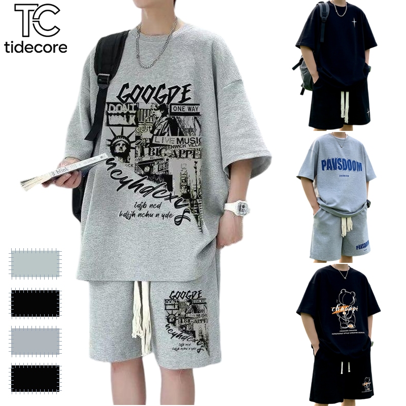 TideCore COD ชุดลำลองแขนสั้น+กางเกงขาสั้นผู้ชาย  สไตล์สตรีทใส่สบาย หลวม ผ้าวาฟเฟิล เอวยางยืด #songkran#
