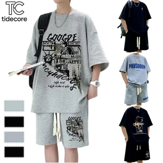 TideCore COD ชุดลำลองแขนสั้น+กางเกงขาสั้นผู้ชาย สไตล์สตรีทใส่สบาย หลวม ผ้าวาฟเฟิล เอวยางยืด #songkran#