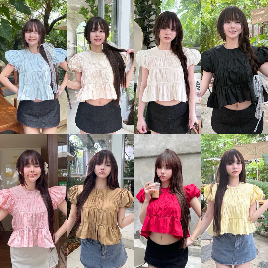 Nusa style เสื้อแขนบอลลูน แต่งระบาย 3 ชั้นผ้าคอตตอน 100%