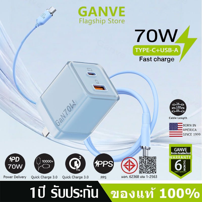 【หัวชาร์จเร็ว+สายชาร์จเร็ว】PD 70W GaN ชุดชาร์จ type-c Fastcharge type c to Cรองรับรุ่น I15-17 PRO
