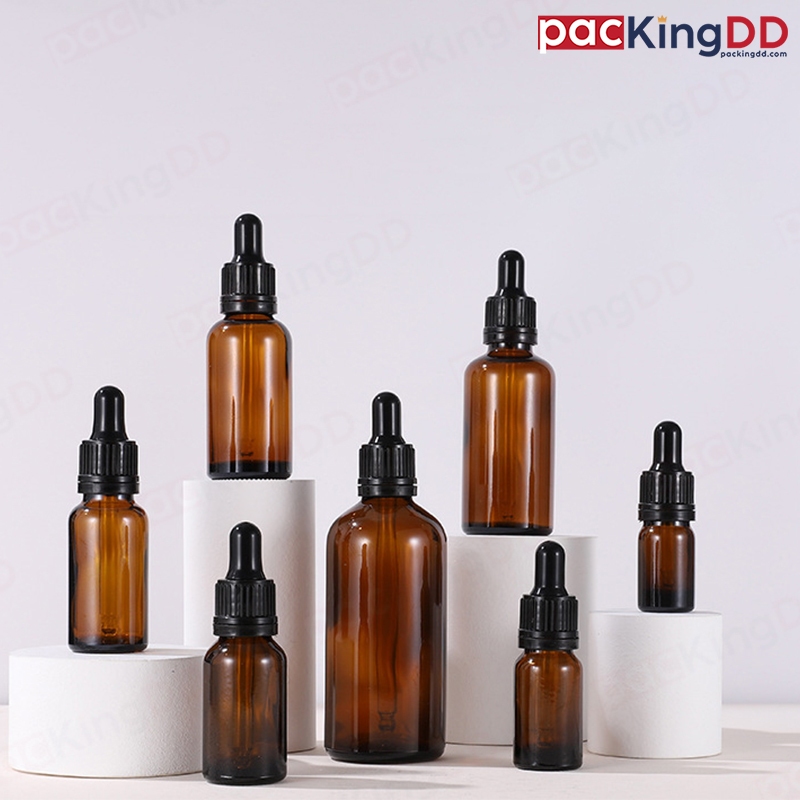 (แพ็ค 10 ชิ้น) ขวดแก้ว ดรอปเปอร์ สีชา หัวบีบสีดำ ขนาด 5-100 ml. #P384 ขวดดรอปเปอร์ เซรั่ม PackingDD
