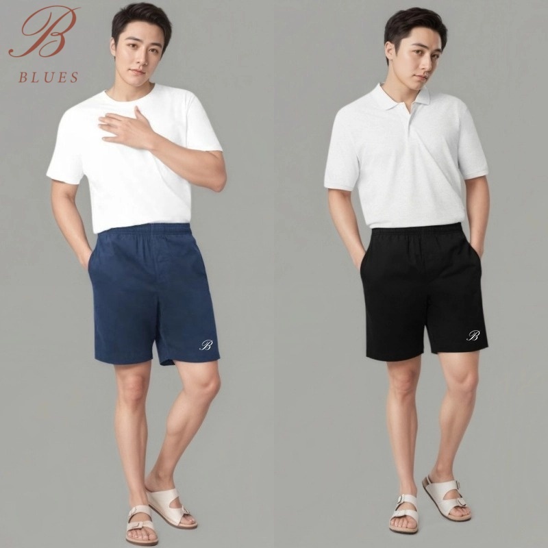 B BLUES กางเกงขาสั้นผู้ชาย กางเกงขาสั้นผ้านุ่ม สี มินิมอลเกาหลี กระเป๋าลึกใส่โทรศัพท์ เป๋าตังค์ เชือกไม่หลุดง่าย
