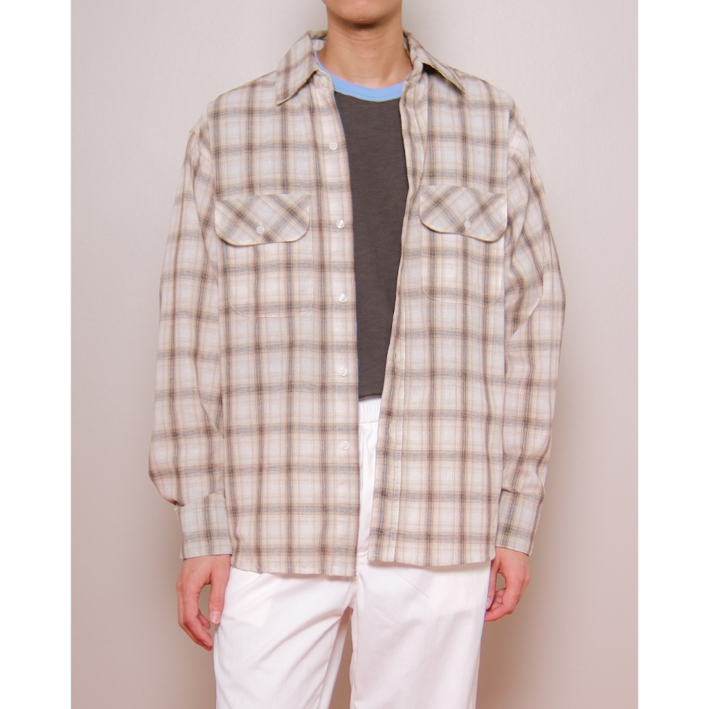 COMPOSE. - Relaxed Linen Checked Shirt in Beige | เสื้อเชิ้ตแขนยาวผ้าลินินผสม 2 กระเป๋า ทรงหลวม ผ้าลายสก็อตสีเบจ